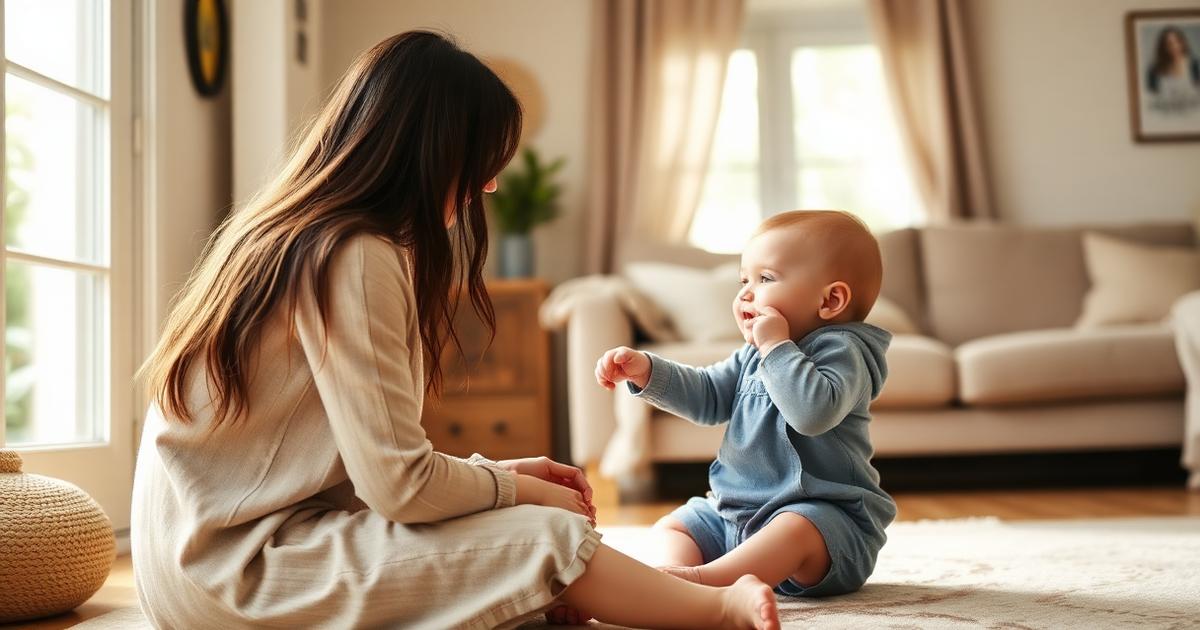 Mother talking face to face with her babbling, pointing toddler