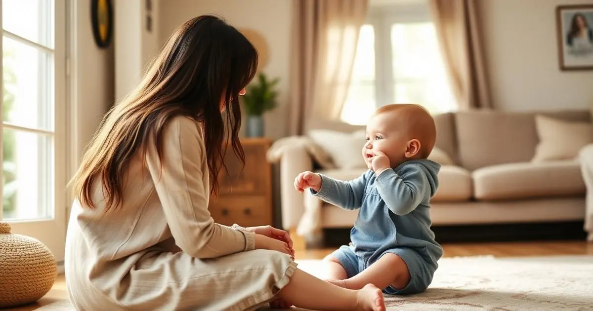 Mãe conversando de frente com seu bebê que balbucia e aponta