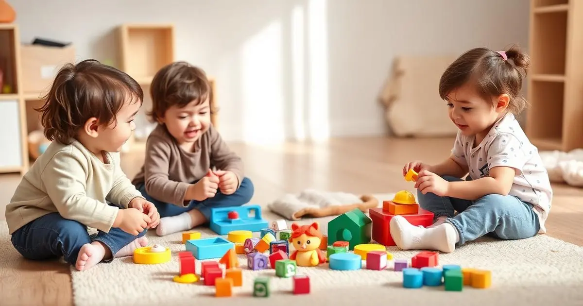 Três crianças pequenas brincando juntas com blocos e brinquedos no chão