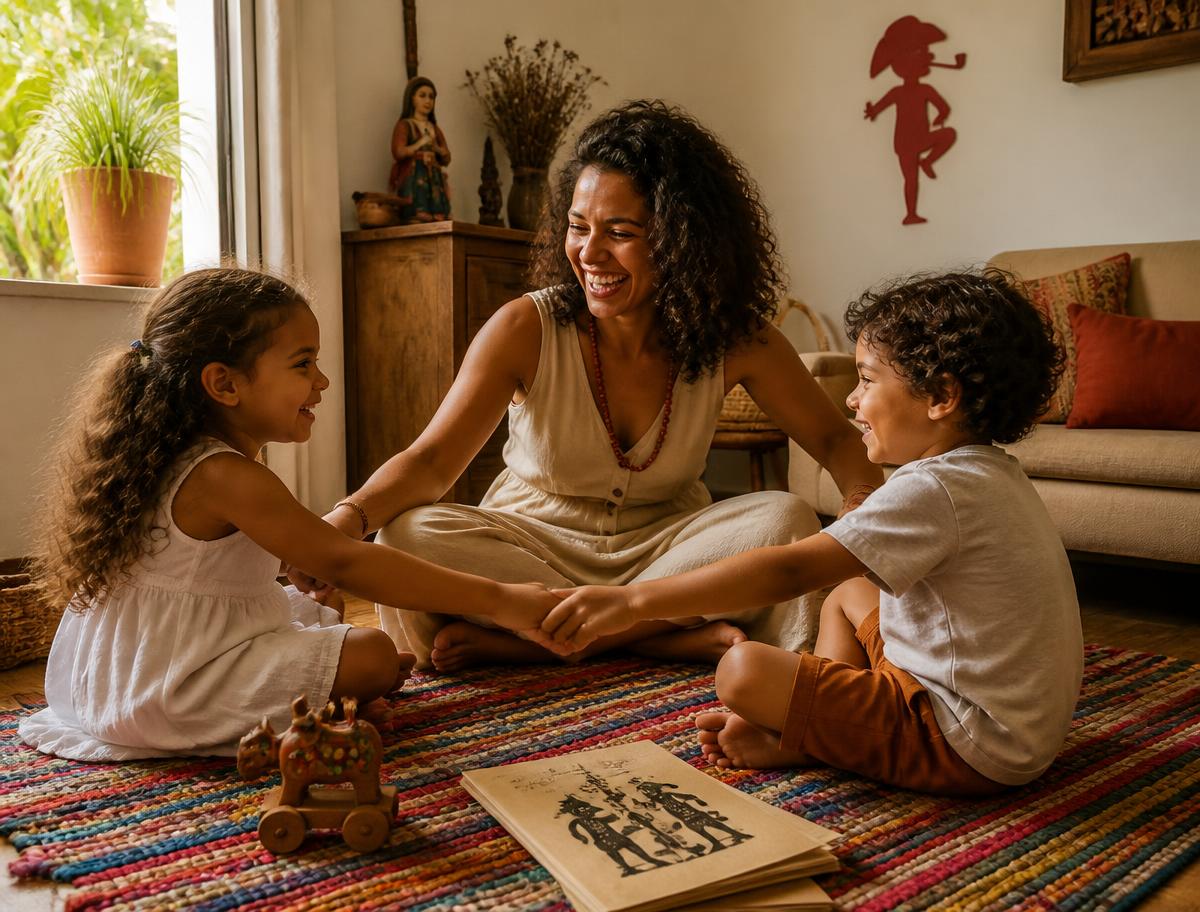 Mãe e dois filhos pequenos brincando de roda no tapete da sala