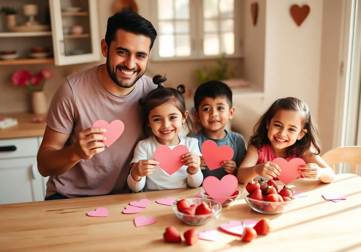 Família celebrando o Dia dos Namorados com cartões de coração e morangos na cozinha