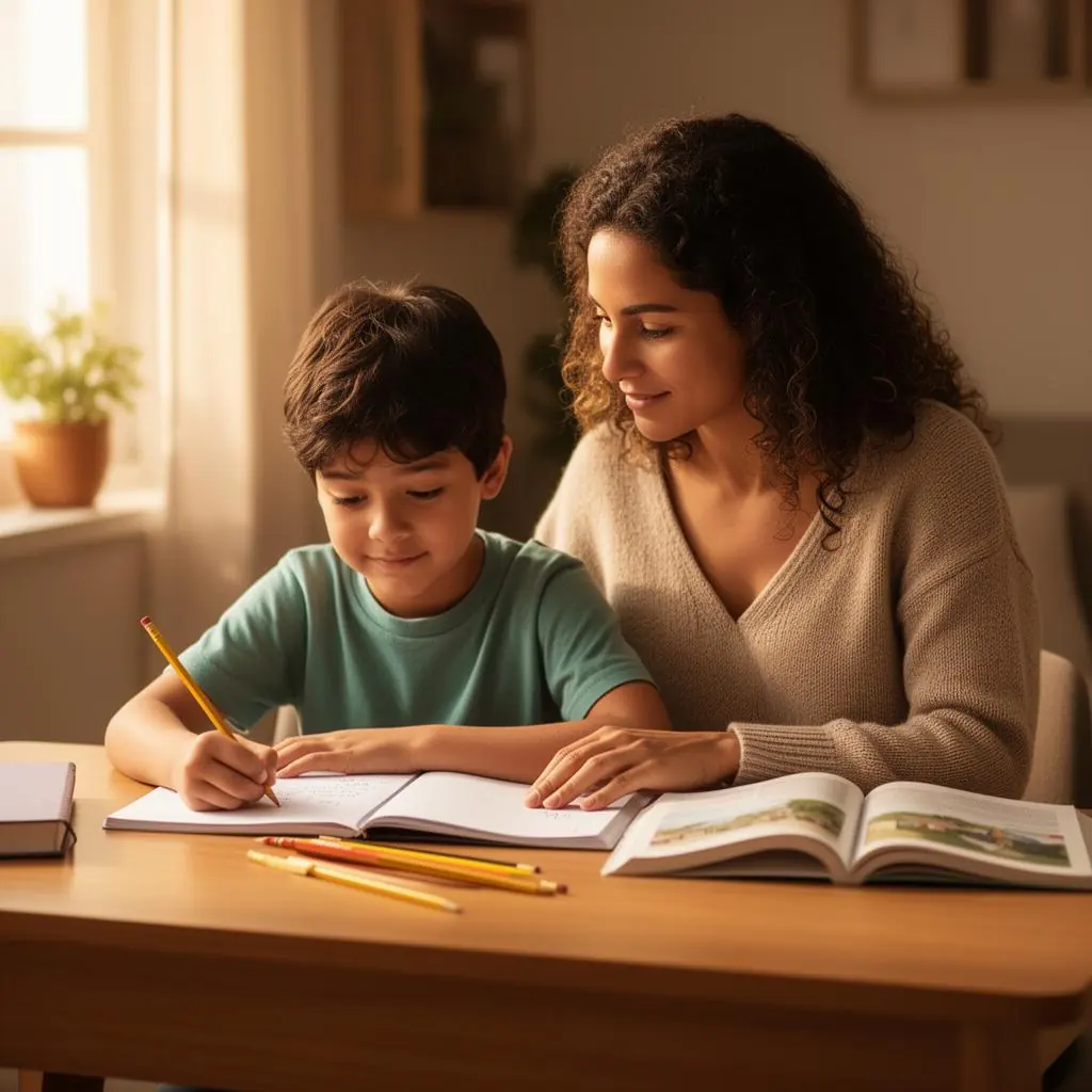 Madre ayudando con cariño a su hijo con la tarea en una mesa de estudio iluminada por el sol