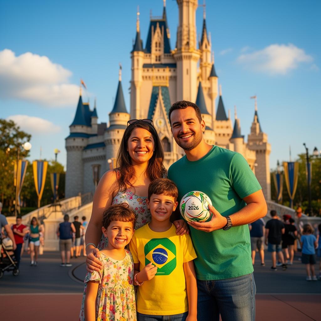 Família brasileira com filhos em frente ao castelo da Cinderela na Disney World, com bola de futebol da Copa do Mundo 2026