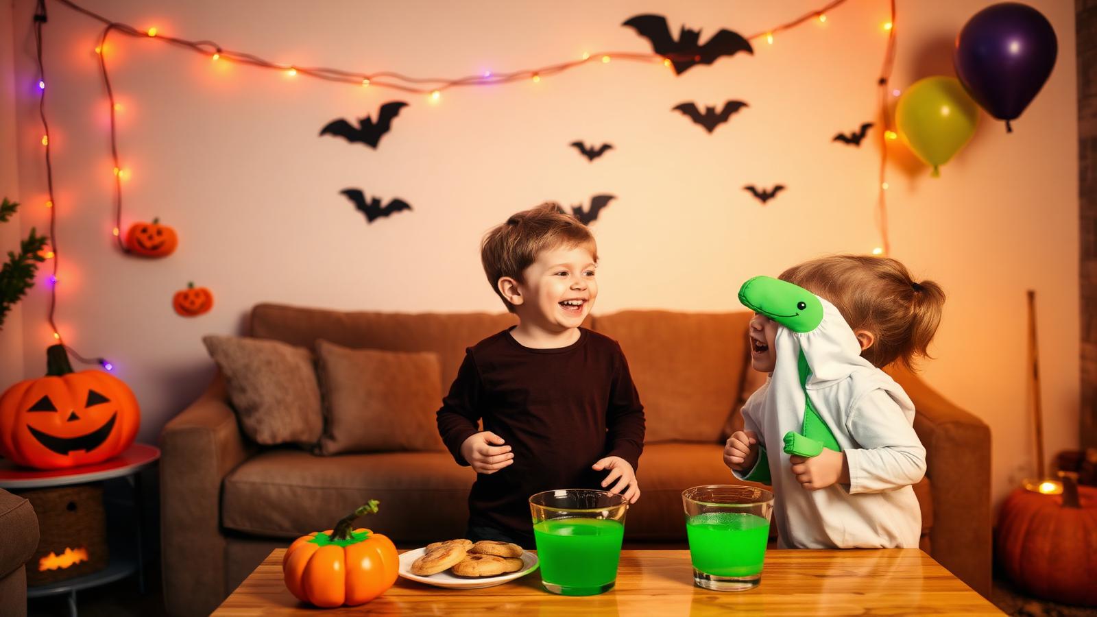 Sala decorada para festa de Halloween infantil com abóboras sorridentes, morcegos de papel, luzes laranjas e crianças fantasiadas rindo