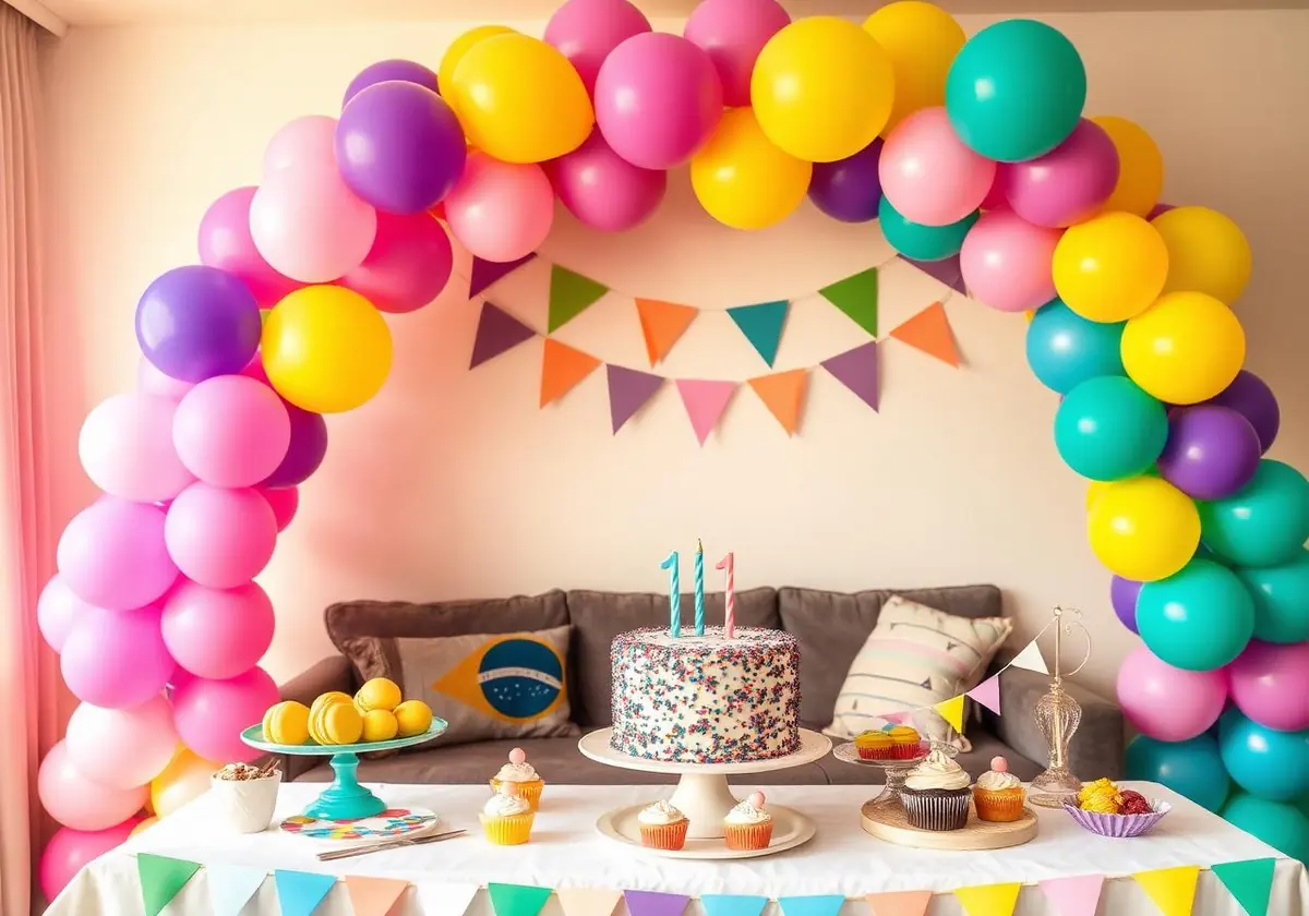 Mesa de fiesta infantil decorada con tarta, arco de globos de colores y banderines