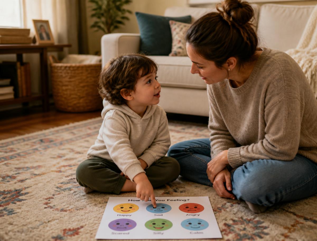 Mãe e criança pequena sentados no tapete da sala apontando para um cartaz de emoções