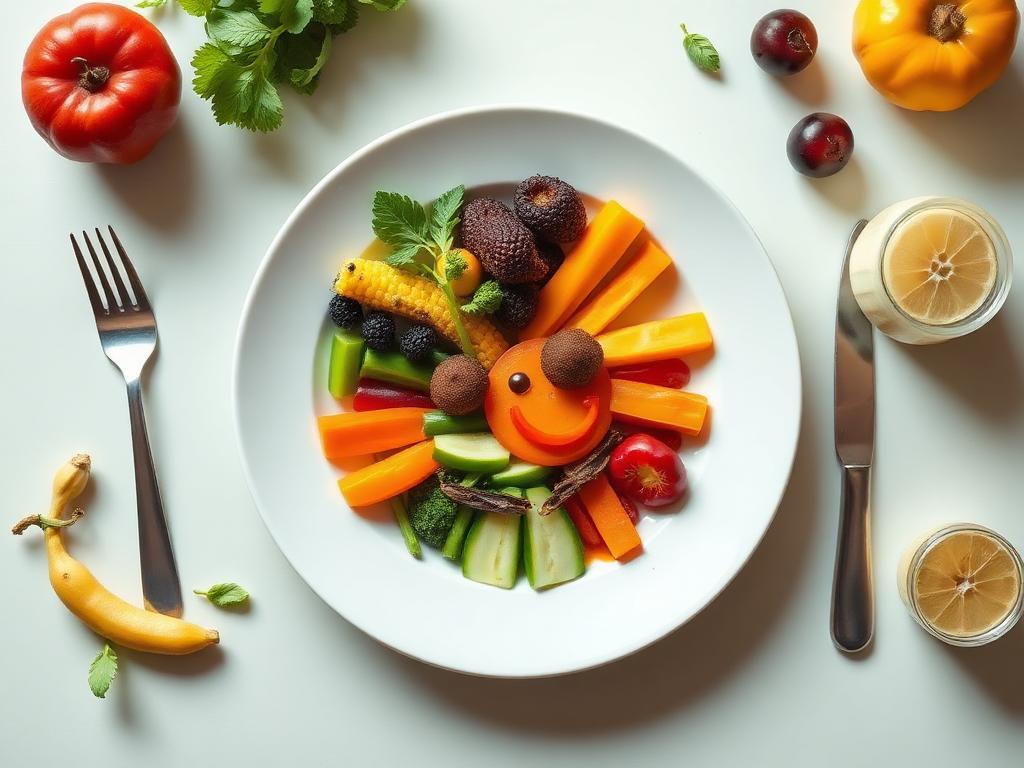 Prato infantil saudável com legumes e frutas dispostos como rostinho sorridente