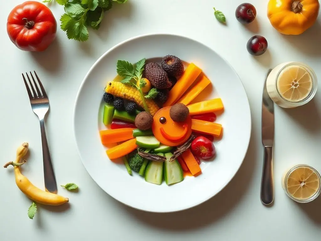 Plato infantil saludable con verduras y frutas formando una carita sonriente