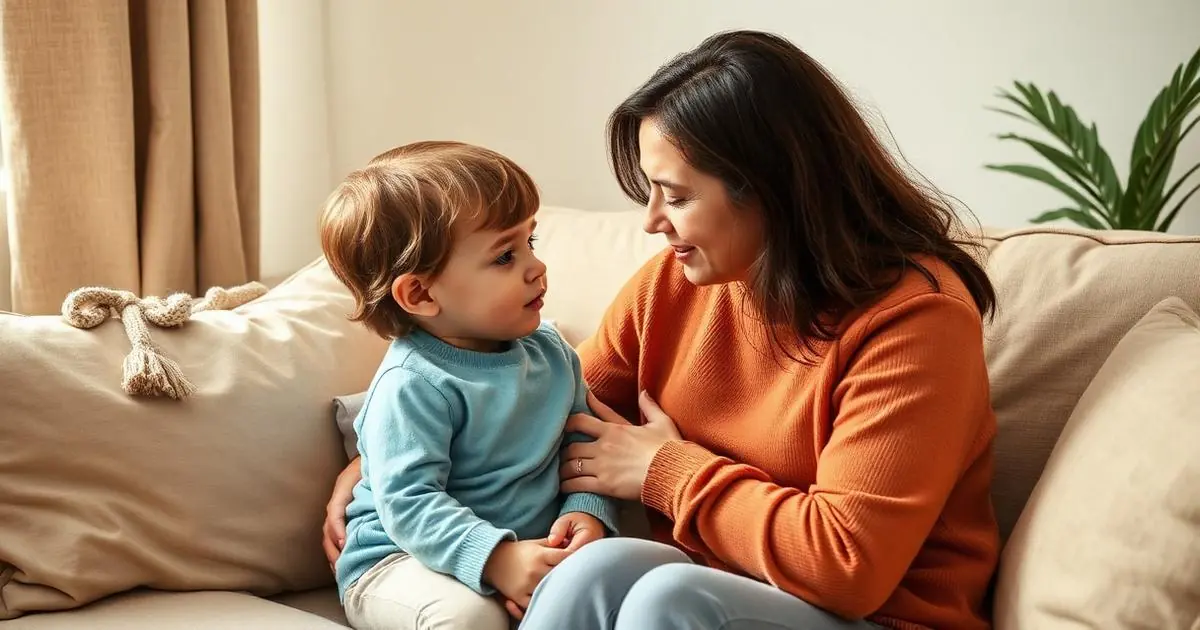 Madre acompañando a un niño pequeño en su regazo, hablando a la altura de sus ojos
