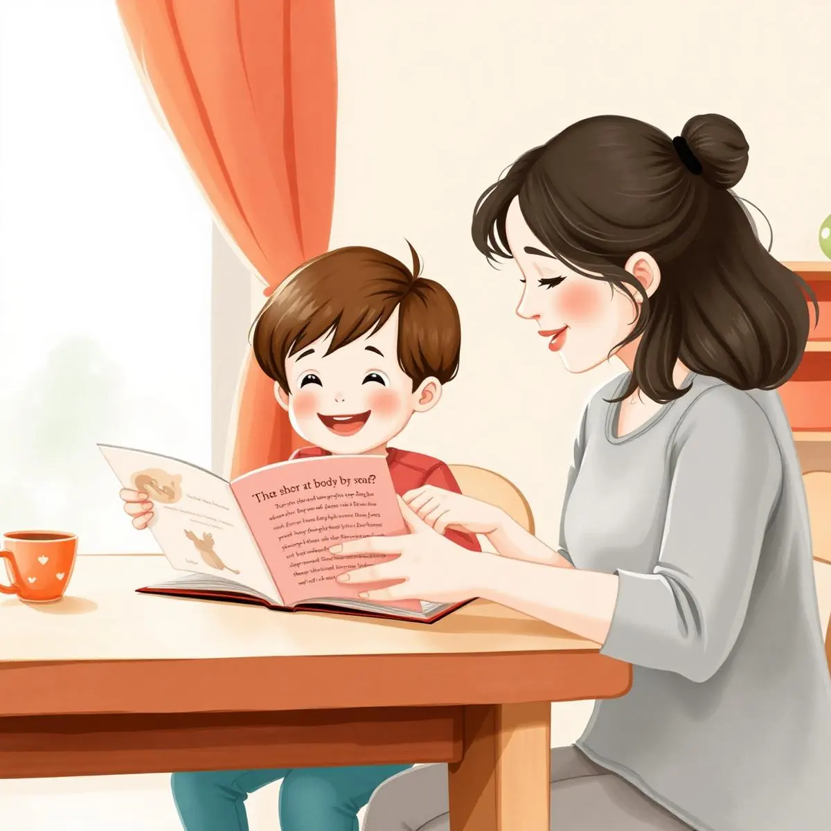 Mãe e filho lendo juntos um livro ilustrado à mesa