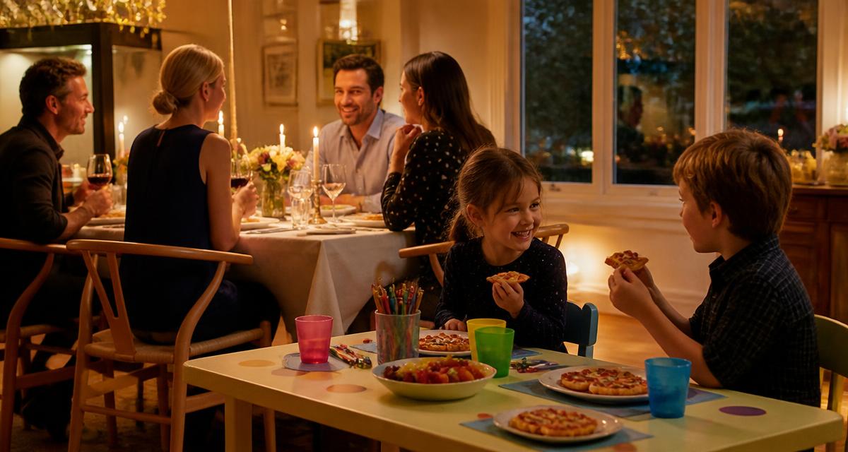 Mesa de cena para adultos con una mesita colorida de niños al lado, con luz cálida