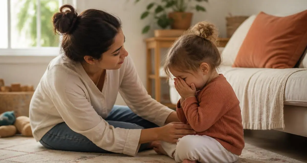 Madre agachada consolando a un niño pequeño durante una rabieta