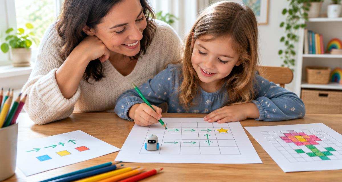 Madre e hija practican programación sin pantallas con flechas y dibujos de píxeles