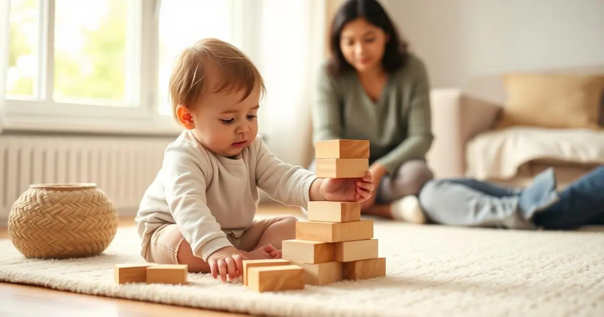 Bebê empilhando blocos de madeira no tapete enquanto a mãe observa de perto
