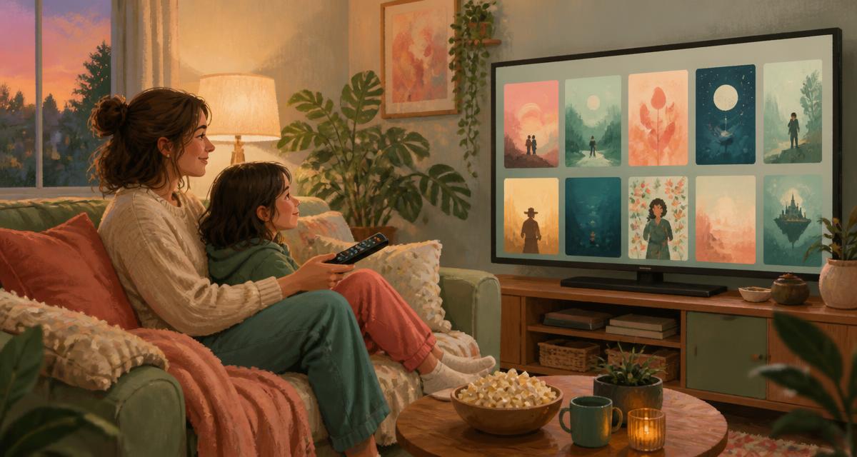 Madre e hijo en edad escolar en el sofá con el mando en la mano, eligiendo una película en la tele