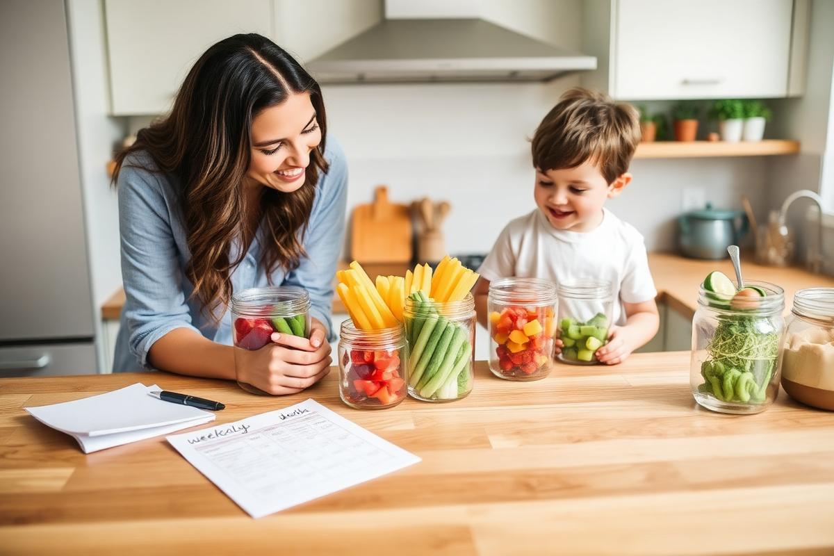 Mother and young child planning the week's menu in the kitchen with jars of prepped fruit and vegetables
