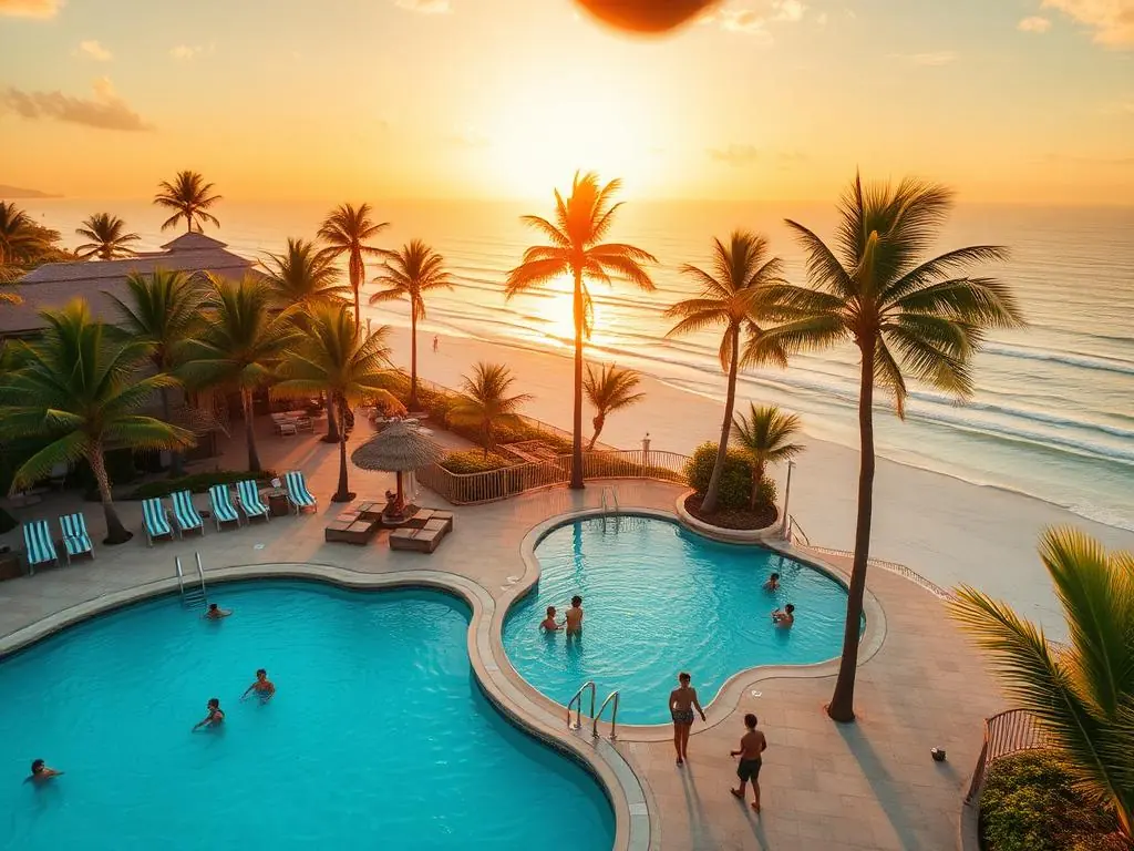 Resort de praia no Brasil com piscina, palmeiras e famílias aproveitando o pôr do sol