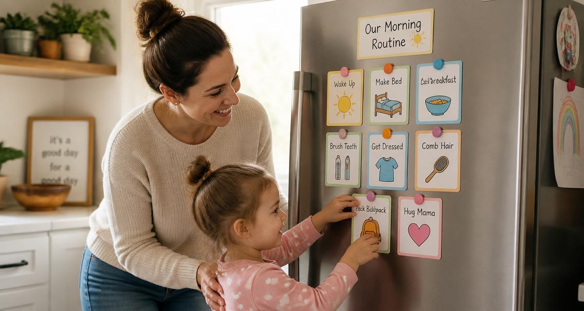 Madre e hija pequeña pegando tarjetas ilustradas de rutina en la puerta del refrigerador, en la cocina, por la mañana