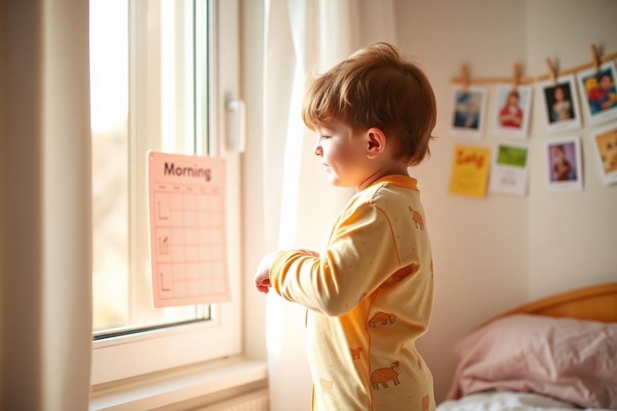 Child in pajamas getting ready in the bedroom next to a visual morning routine chart