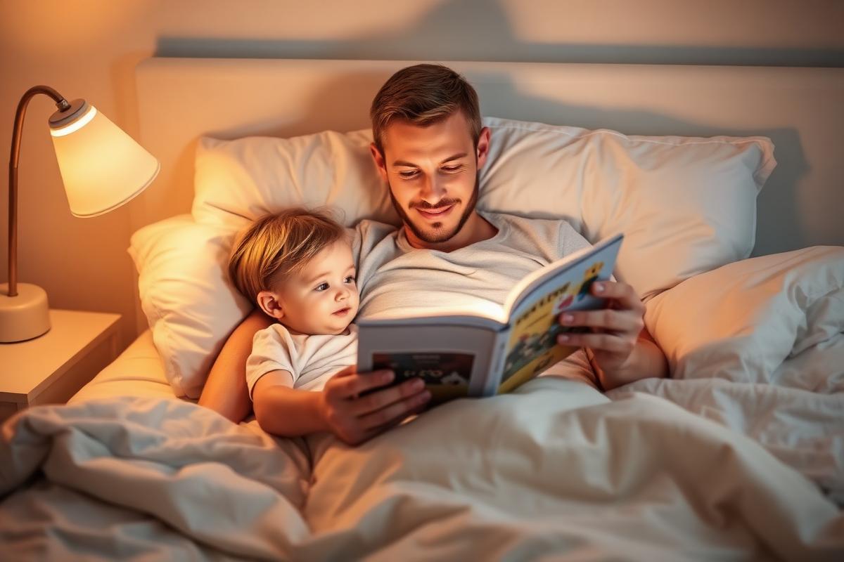 Father reading a picture book to a child in bed under a soft bedside lamp