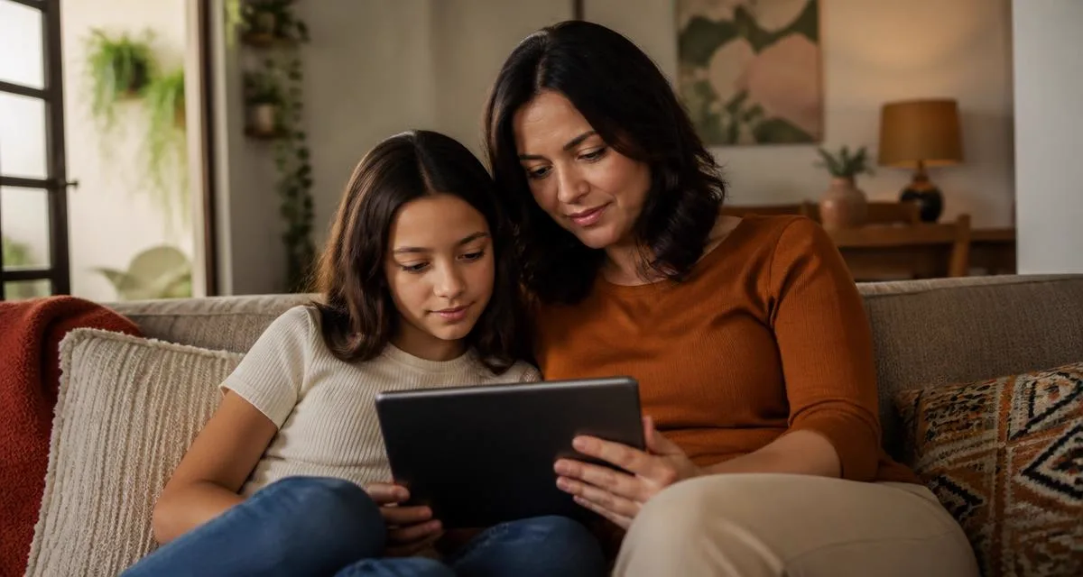 Mãe e filha sentadas no sofá olhando juntas para um tablet, conversando sobre segurança na internet