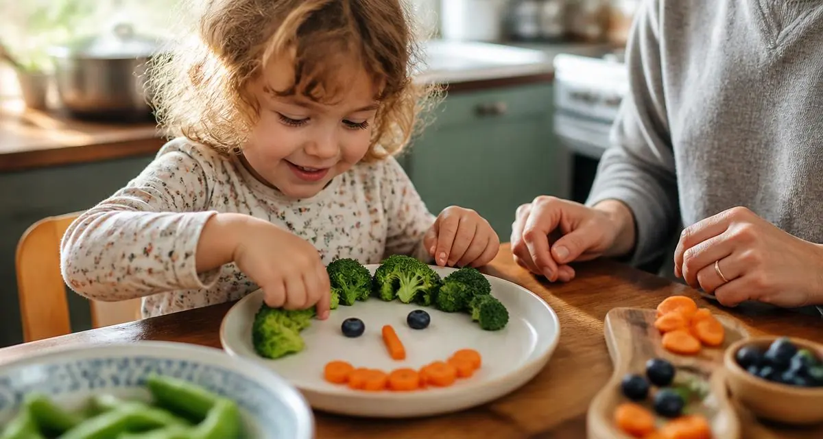 Niño armando una carita en el plato con brócoli, zanahoria y arándanos