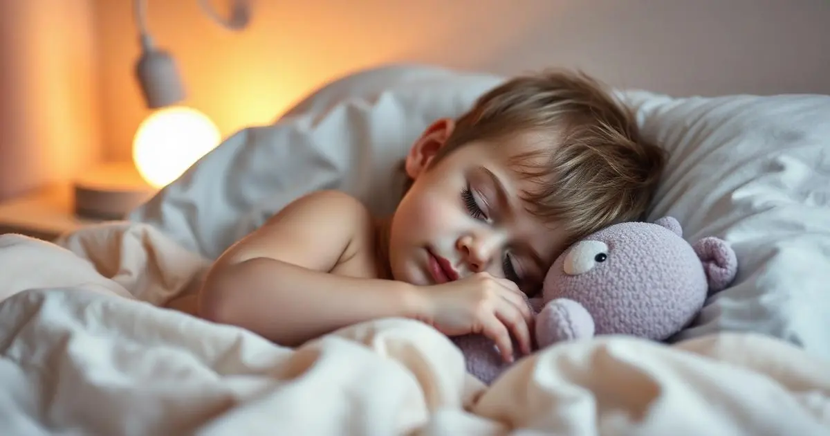 Niño pequeño durmiendo tranquilo en la cama con un peluche y luz tenue