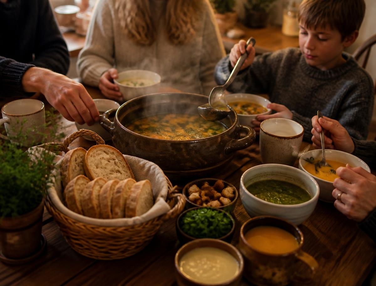 Mesa familiar con una olla de sopa humeante, tazas de sopa y una cesta de pan