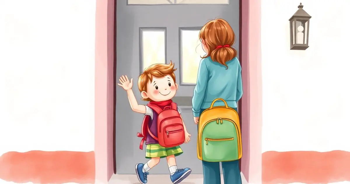 Niño con mochila despidiéndose de su madre en la puerta de la escuela
