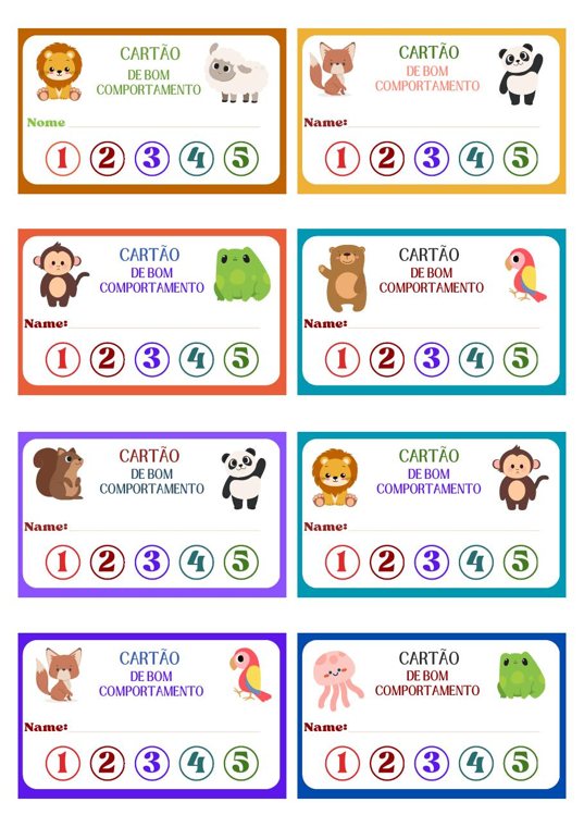 Sheet of eight colorful punch cards, each with an animal and five points to mark