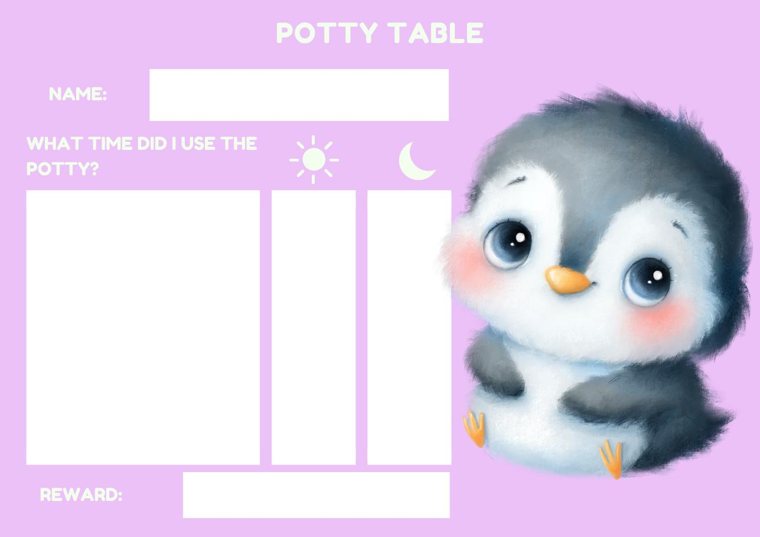 Lilac penguin potty chart with space to log the times of day and the reward