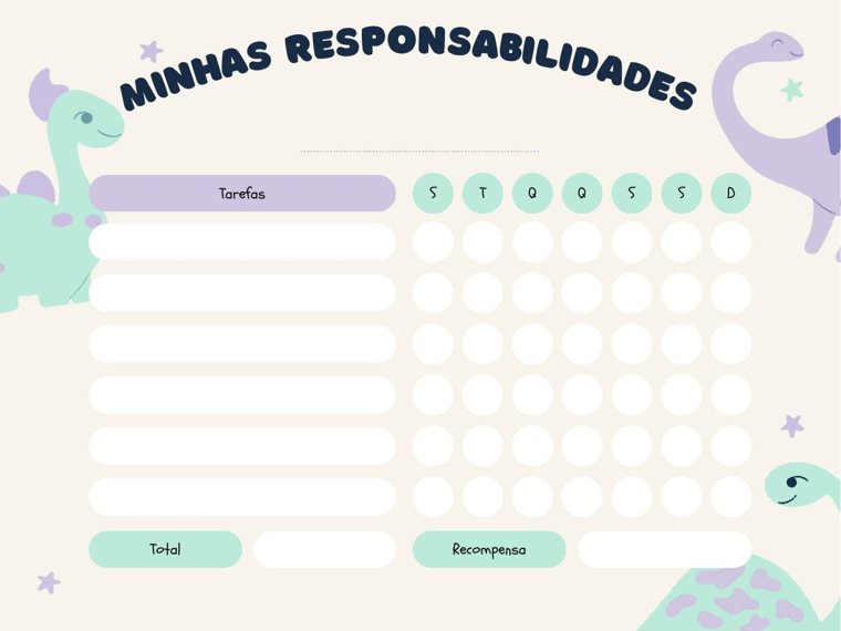 Lilac responsibility chart with dinosaurs, a weekly grid, total and reward