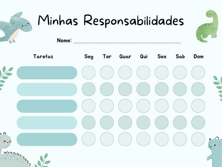 Teal "my responsibilities" chart with dinosaurs and circles to mark each day