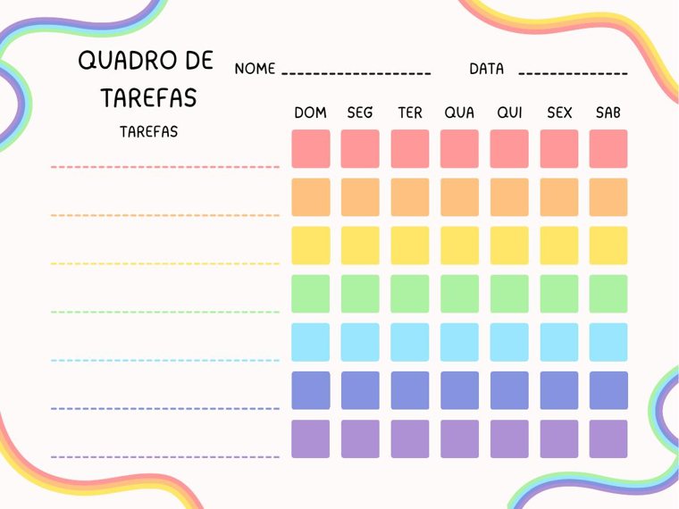 Chore chart with a rainbow border and colorful squares to tick from Sunday to Saturday