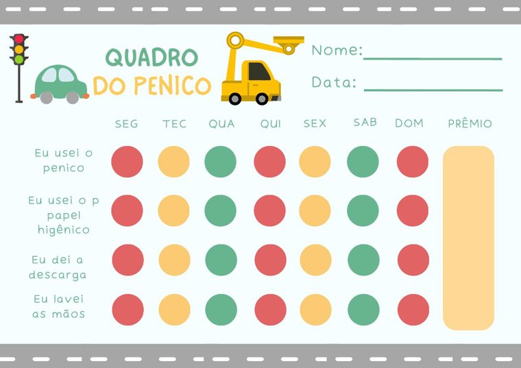 Potty chart with a little road, cars and colorful dots to mark each step of the week