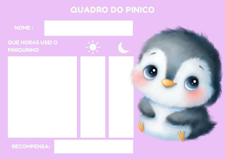 Cuadro lila del orinal con pingüino, espacio para anotar los horarios y la recompensa