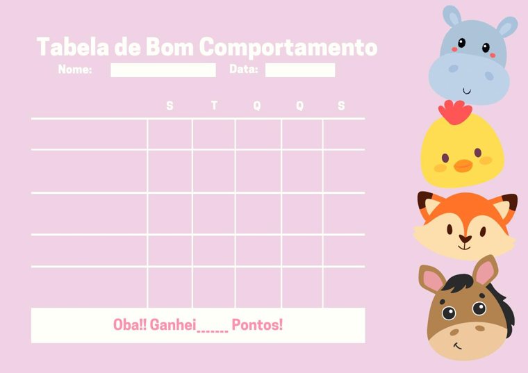 Pink good-behavior chart with a hippo, duckling, fox and pony and a weekly grid to tick off