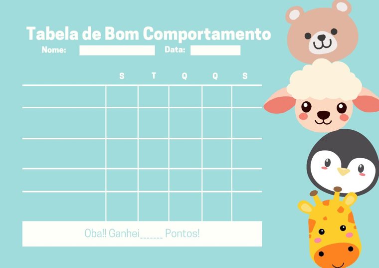 Teal good-behavior chart with a bear, sheep, penguin and giraffe and a weekday grid