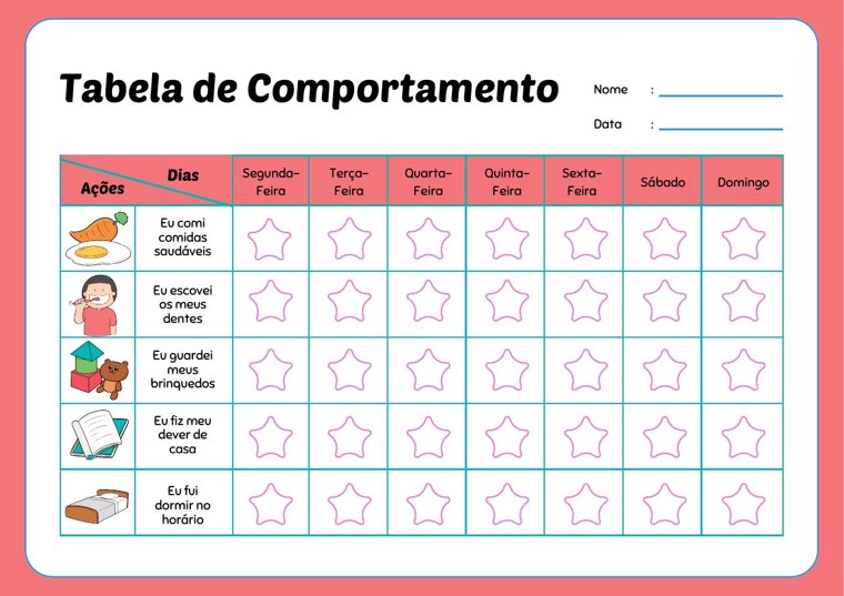 Pink and coral weekly chart with pictures of daily habits and stars to tick