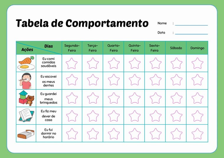 Green weekly chart with pictures of daily habits and a star to color for each day