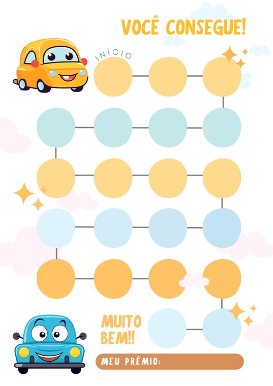 Path of blue and yellow circles with little cars, from start to the agreed prize