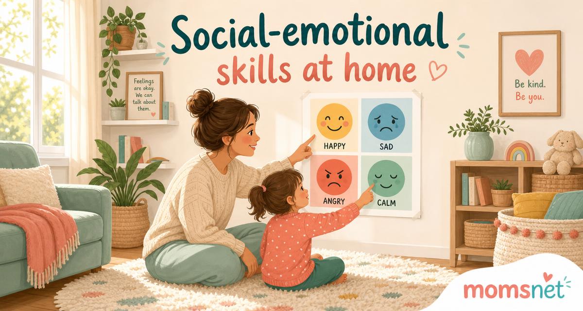 Share card: mother and child pointing at a feelings chart with the text Social-emotional skills at home