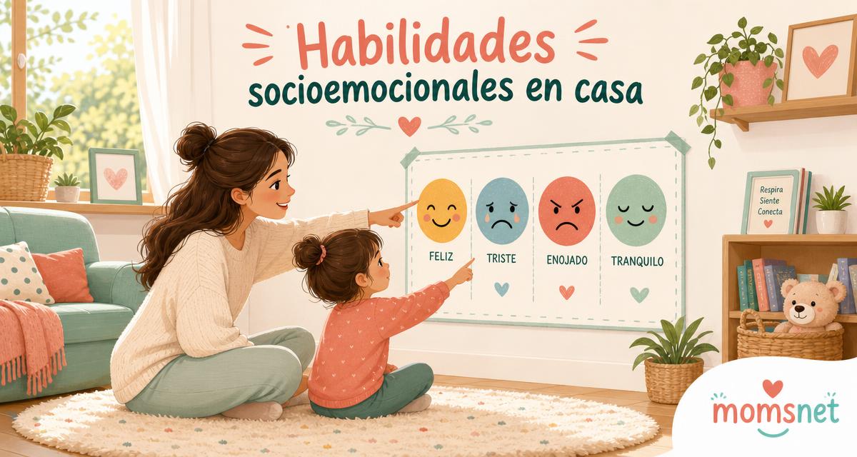Tarjeta para compartir: madre e hijo señalan un cartel de emociones con el texto Habilidades socioemocionales en casa