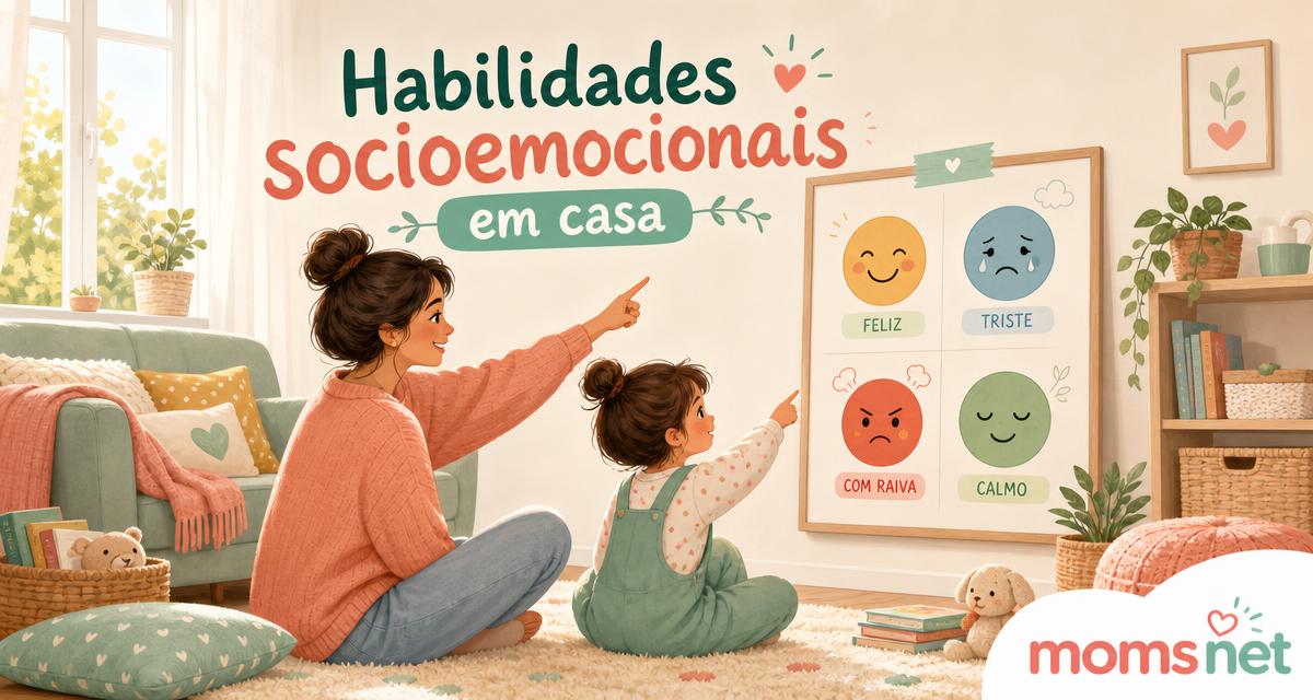 Cartão de compartilhamento: mãe e criança apontam para um cartaz de emoções com a frase Habilidades socioemocionais em casa